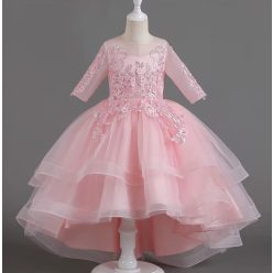   Rochita fetite eleganta Seleba 3-12 ani cu trena si broderie roz cu maneca lunga 