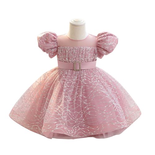 Rochie pentru fetite 0-4 ani roz cu floare mare lungime medie 