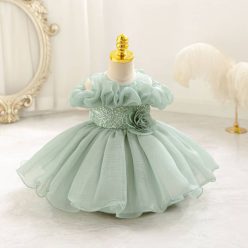   Rochite elegante fete Evia 0-4 ani verde olive cu guler Bardot si paiete