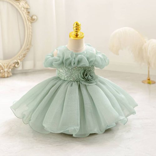 Rochite elegante fete Evia 0-4 ani verde olive cu guler Bardot si paiete