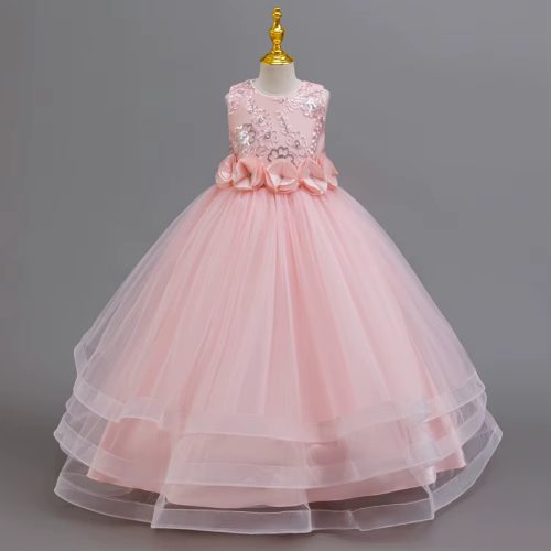 Rochie lunga de ocazie fete roz deschis Alessia 3-12 ani cu broderie si paiete