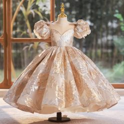   Rochita Estera DELUXE auriu, lunga cu inchidere tip corset 2-12 ani