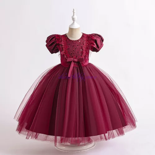 Rochie elegantă fetiță bordo Tania, 3-12 ani, cu paiete, fundiță și tulle voluminos