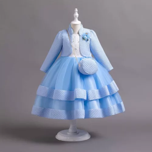 Rochita eleganta albastru deschis Celia 3-12 ani cu bolero  maneca lunga si gentuta