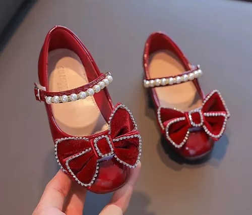 Pantofi rosii fara toc cu fundita lac si perlute fetite Marabel 25-36