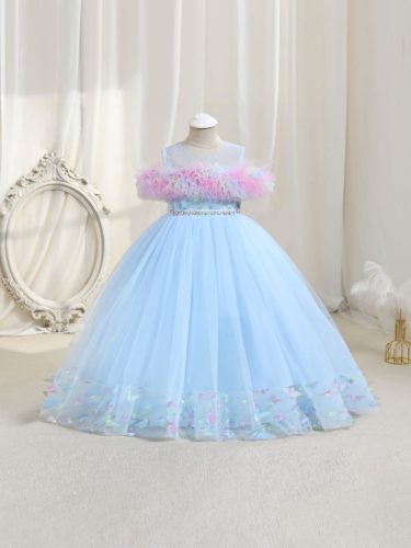 Rochita fetite eleganta albastru deschis Amanda 3-12 ani lunga guler Bardot