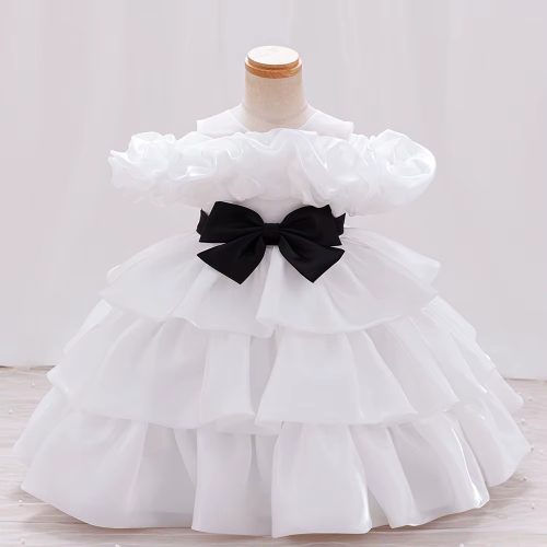 Rochie cu volane zi de nastere eleganta fetite alba cu negru Palmer 1-7 ani lungime medie 