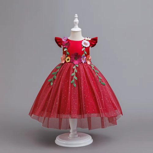 Rochita bordo eleganta fetite Primavera 3-12 ani cu flori colorate