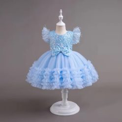   Rochie eleganta fete Miruna 3-12 ani bleu cu paiete si fulgi lungime medie