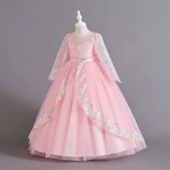   Rochie de ocazie fete Evelina roz deschis 3-12 ani broderie paiete dantela si maneca lunga