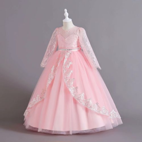 Rochie de ocazie fete Evelina roz deschis 3-12 ani broderie paiete dantela si maneca lunga