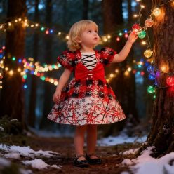 Rochita Craciun fetite rosie cu alb carouri 0-4 ani model A6