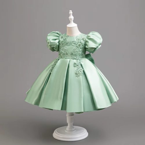 Rochita eleganta fetite nunta Sintia verde 2-12 ani lungime medie aspect satinat cu broderie
