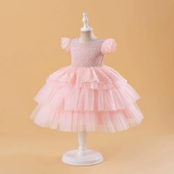   Rochita eleganta fetite roz Linda 1-5 ani cu volane lungime medie