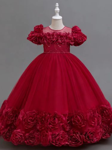 Rochita nunta eleganta fete Miriam  3-12 ani bordo lunga cu trandafiri