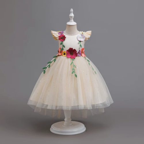 Rochita cu trena crem eleganta fetite Primavera 3-12 ani cu flori colorate