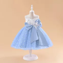   Rochita banchet eleganta fetite bleu Elizee 5-9 ani lungime medie cu funda mare in fata