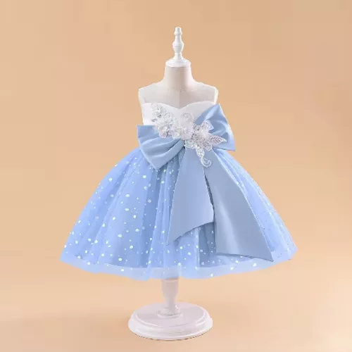 Rochita banchet eleganta fetite bleu Elizee 5-9 ani lungime medie cu funda mare in fata