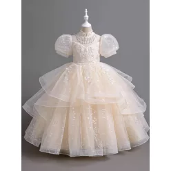 Rochie Elouise crem 4-15 ani lunga cu maneca scurta
