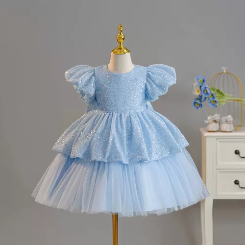 Rochita albastru deschis eleganta cu paiete Elia 4-7 ani lungime medie