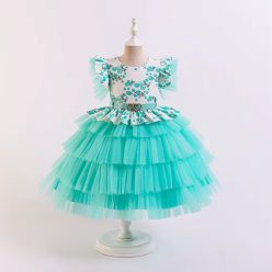   Rochita banchet eleganta fetite verde turcoaz tulle volane si flori Liset 5-9 ani lungime medie