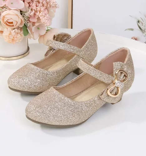 Pantofi fetite Agnes auriu cu toc 26-38 cu fundita