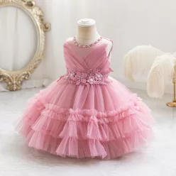   Rochie botez pentru fetite 0-4 ani roz pudra Christine lungime medie 