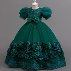   Rochita elegante fete Luana 3-9 ani lunga verde cu trandafiri si paiete