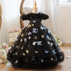 Rochita nunta eleganta fete Lorelai 3-12 ani neagra lunga cu fluturi si guler Bardot