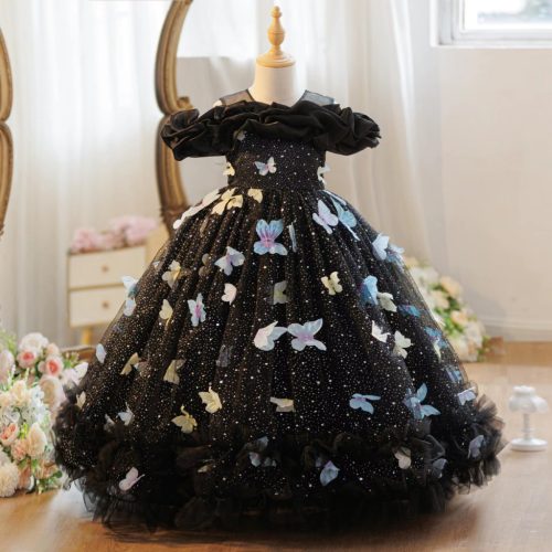 Rochita nunta eleganta fete Lorelai 3-12 ani neagra lunga cu fluturi si guler Bardot