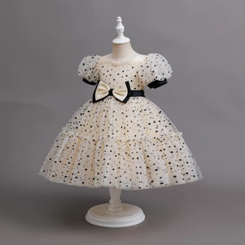 Rochita crem cu buline negre Stefana 3-10 ani tulle maneca scurta