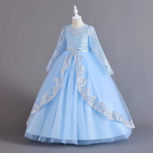Rochie de ocazie fete Evelina albastru deschis 3-12 ani broderie paiete dantela si maneca lunga