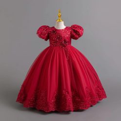   Rochie eleganta Pixie rosie bordo 3-12 ani broderie si maneca scurta