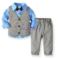   Set Albert albastru gri  format din camasa, pantaloni, vesta, papion 2-8 ani