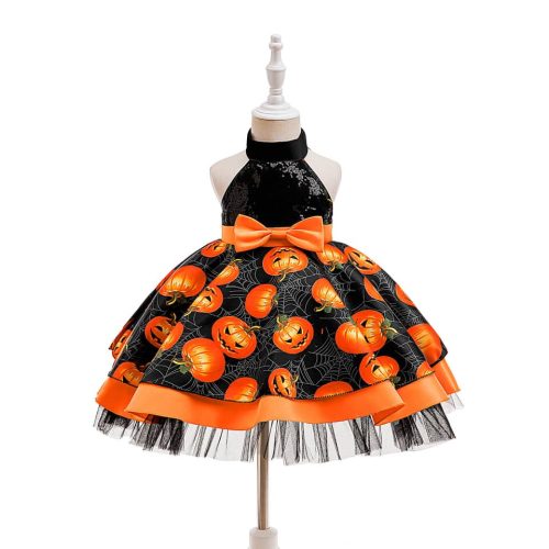 Rochita Haloween fetite dovleac portocaliu cu negru si paiete 3-12 ani model 7