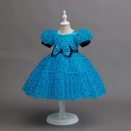 Rochita albastru turcoaz cu buline negre Stefana 3-10 ani tulle maneca scurta