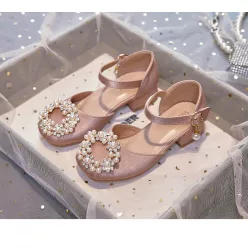 Sandale cu toc si perle fetite roz Letitia 25-38 elegante