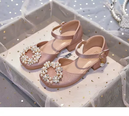 Sandale cu toc si perle fetite roz Letitia 25-38 elegante