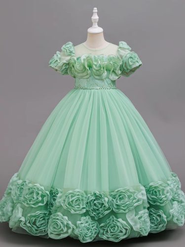 Rochita nunta eleganta fete Miriam 3-12 ani verde lunga cu trandafiri