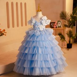   Rochita eleganta fetite Melania DELUXE albastru deschis lunga 2-12 ani 