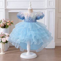   Rochii elegante fete nunta cu volane albastra cu paiete Ester 4-8 ani