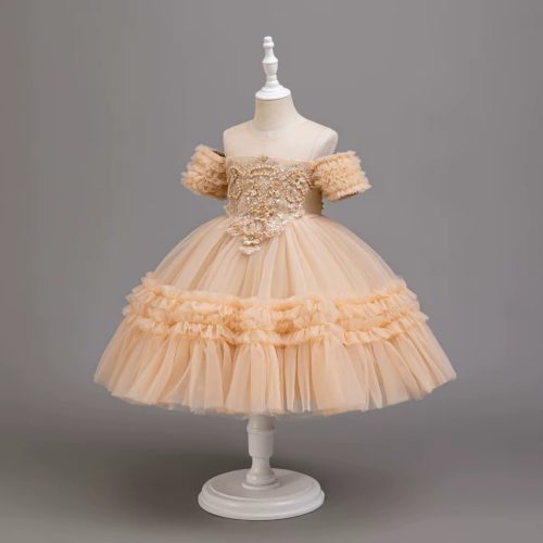 Rochita eleganta fetite nunta Erika crem 3-12 ani lungime medie cu broderie si tulle