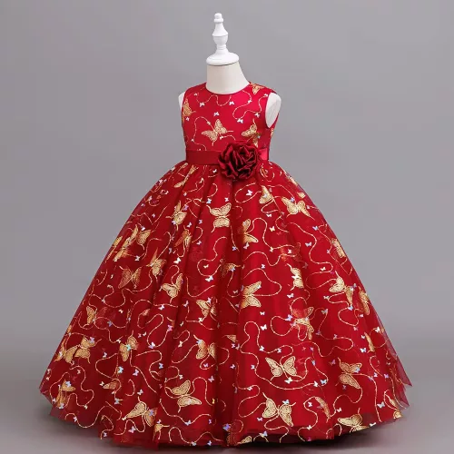 Rochie fluturi nunta copii bordo cu auriu 3-12 ani Amina lunga