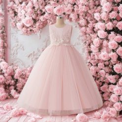   Rochita eleganta fete Sofia 7-12 ani roz deschis lunga cu broderie