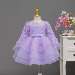Rochita fete mov dantela Lorena cu maneca lunga si volane