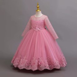 Rochie Misha roz pudra 3-10 ani broderie si maneca lunga