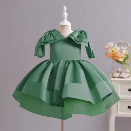 Rochita verde eleganta fetite tafta cu fundite aniversare Margot 3-10 ani lungime medie