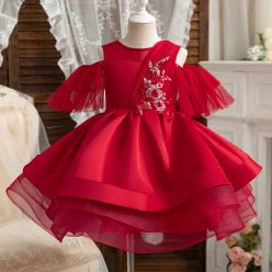   Rochita rosie bordo tafta de fetite pentru nunta 3-12 ani Larisa lungime medie 