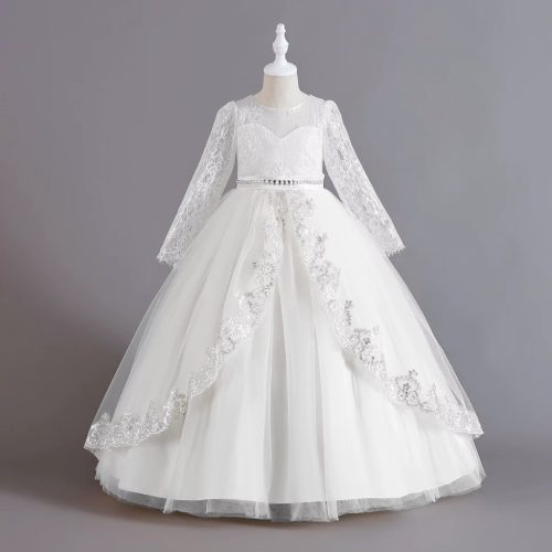 Rochie de ocazie fete Evelina alba 3-12 ani broderie paiete dantela si maneca lunga