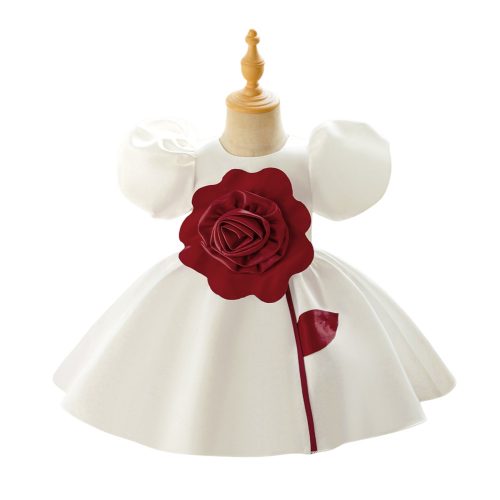 Rochie pentru fetite 0-4 ani alba cu floare bordo lungime medie 